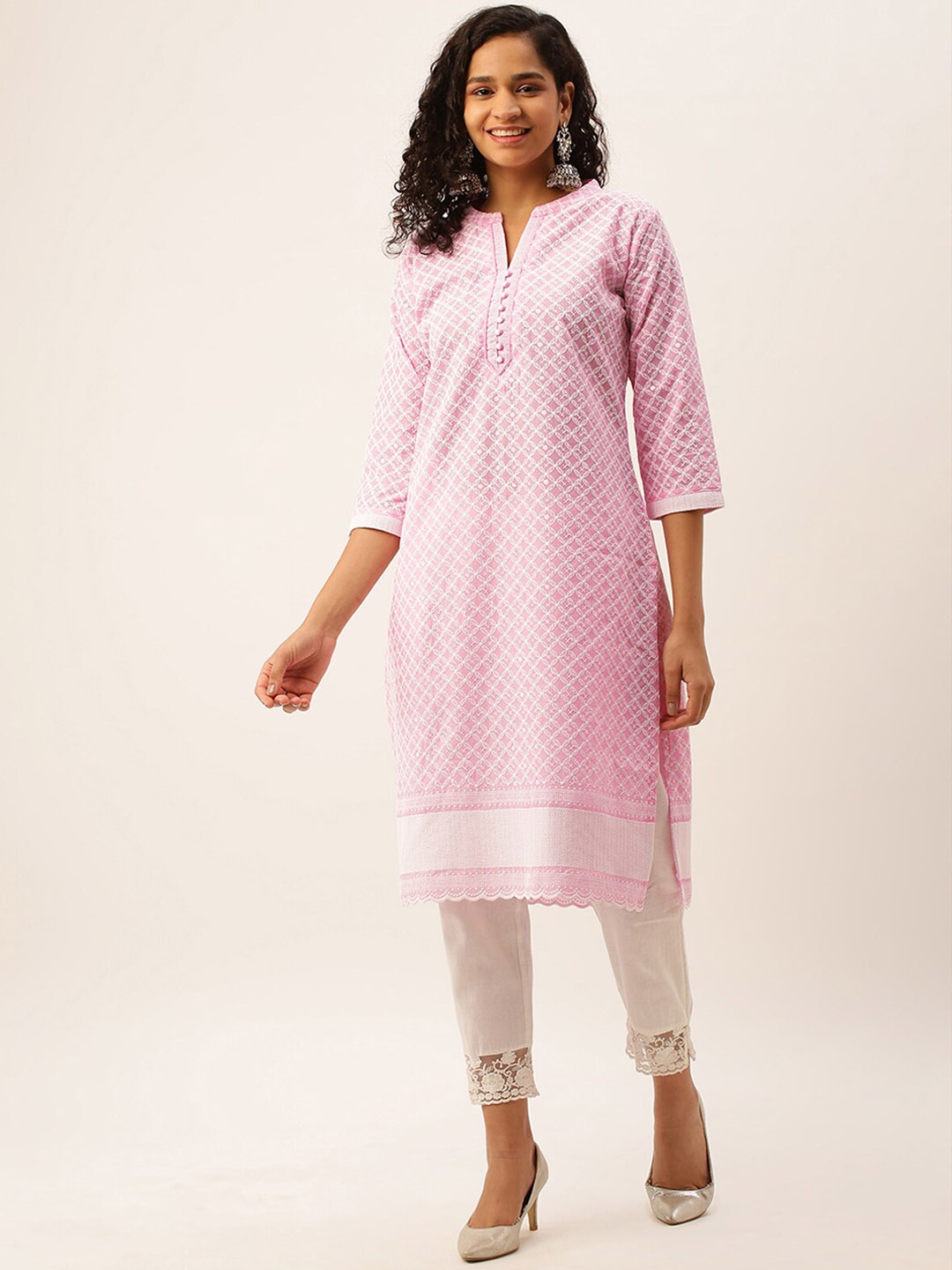 

ODETTE Ethnic Motifs Embroidered Mandarin Collar Cotton Kurta, Pink