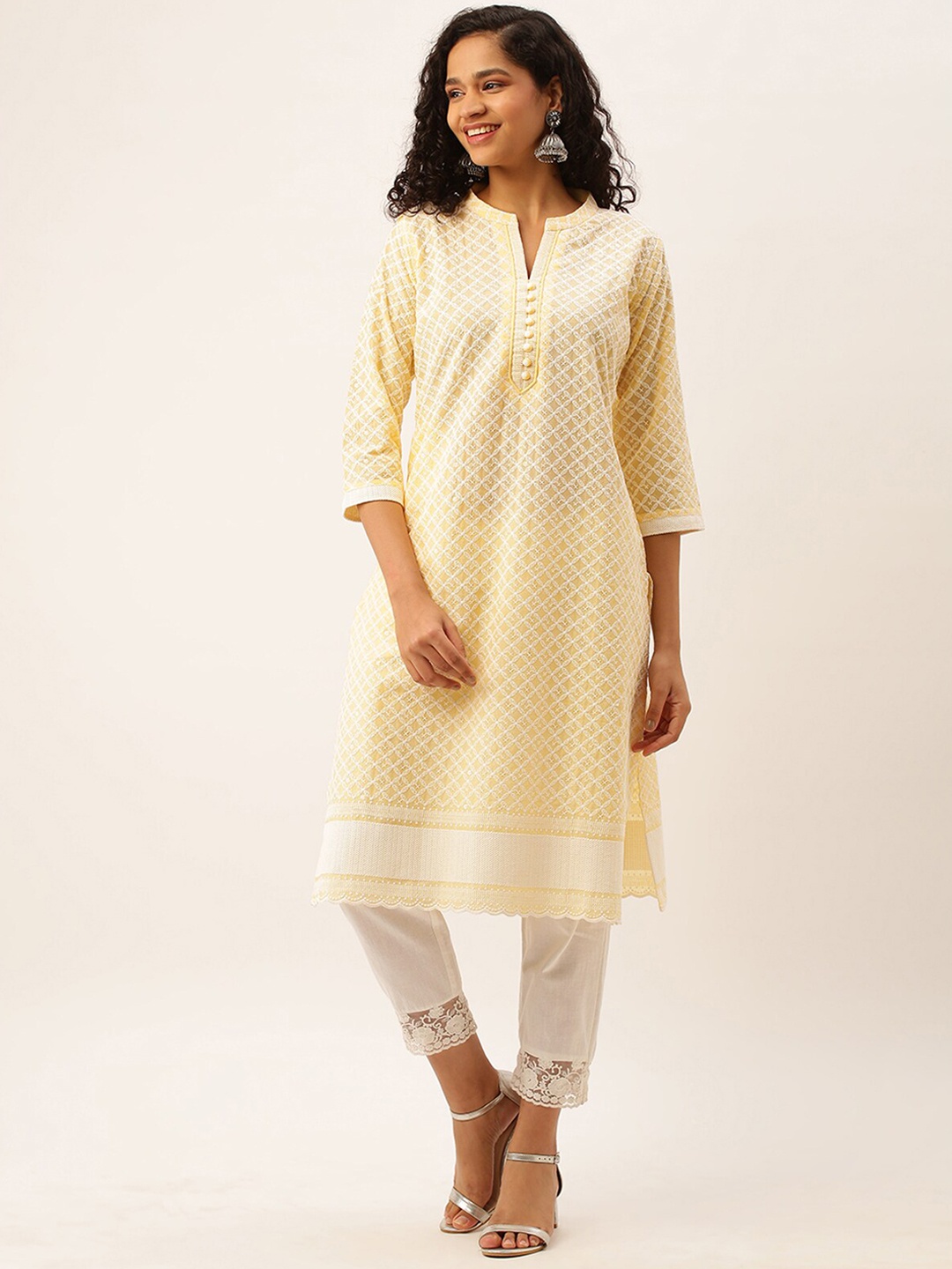 

ODETTE Ethnic Motifs Embroidered Mandarin Collar Cotton Kurta, Yellow