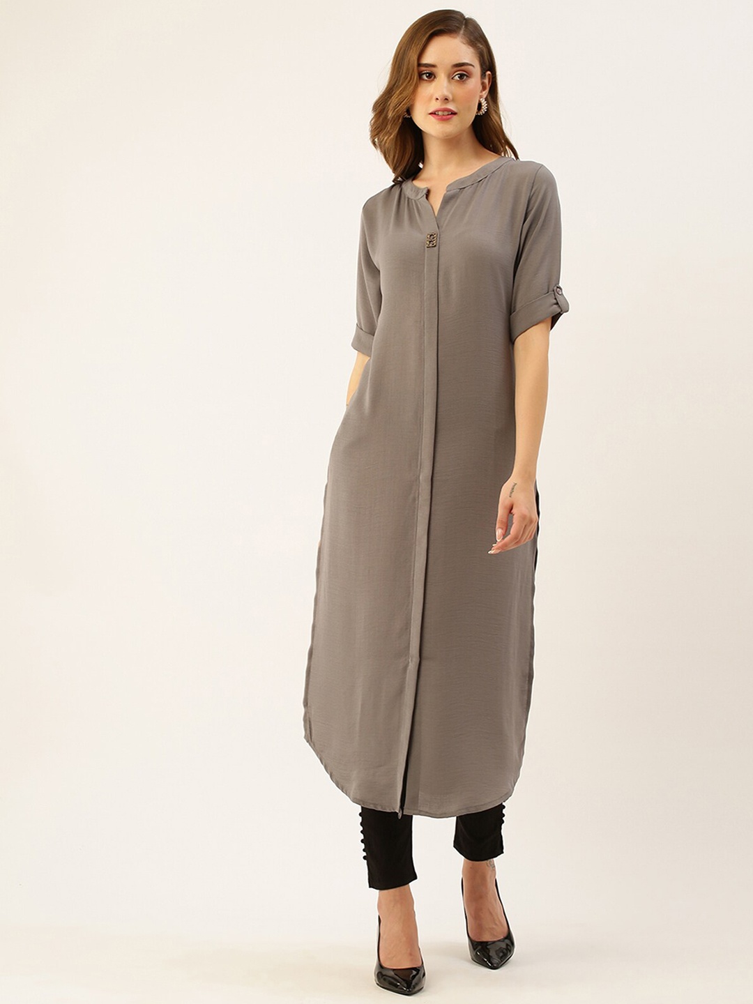 

ODETTE Roll-Up Sleeves Mandarin Collar Curved Kurta, Grey