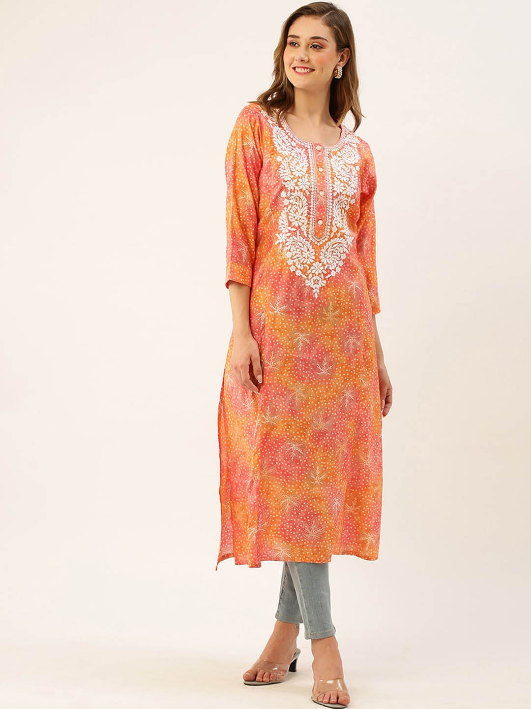 

ODETTE Ethnic Motifs Printed Thread Work Kurta, Orange