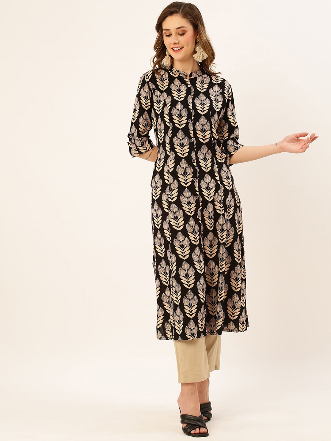 

ODETTE Paisley Printed Mandarin Collar Roll-Up Sleeves A-Line Kurta, Black