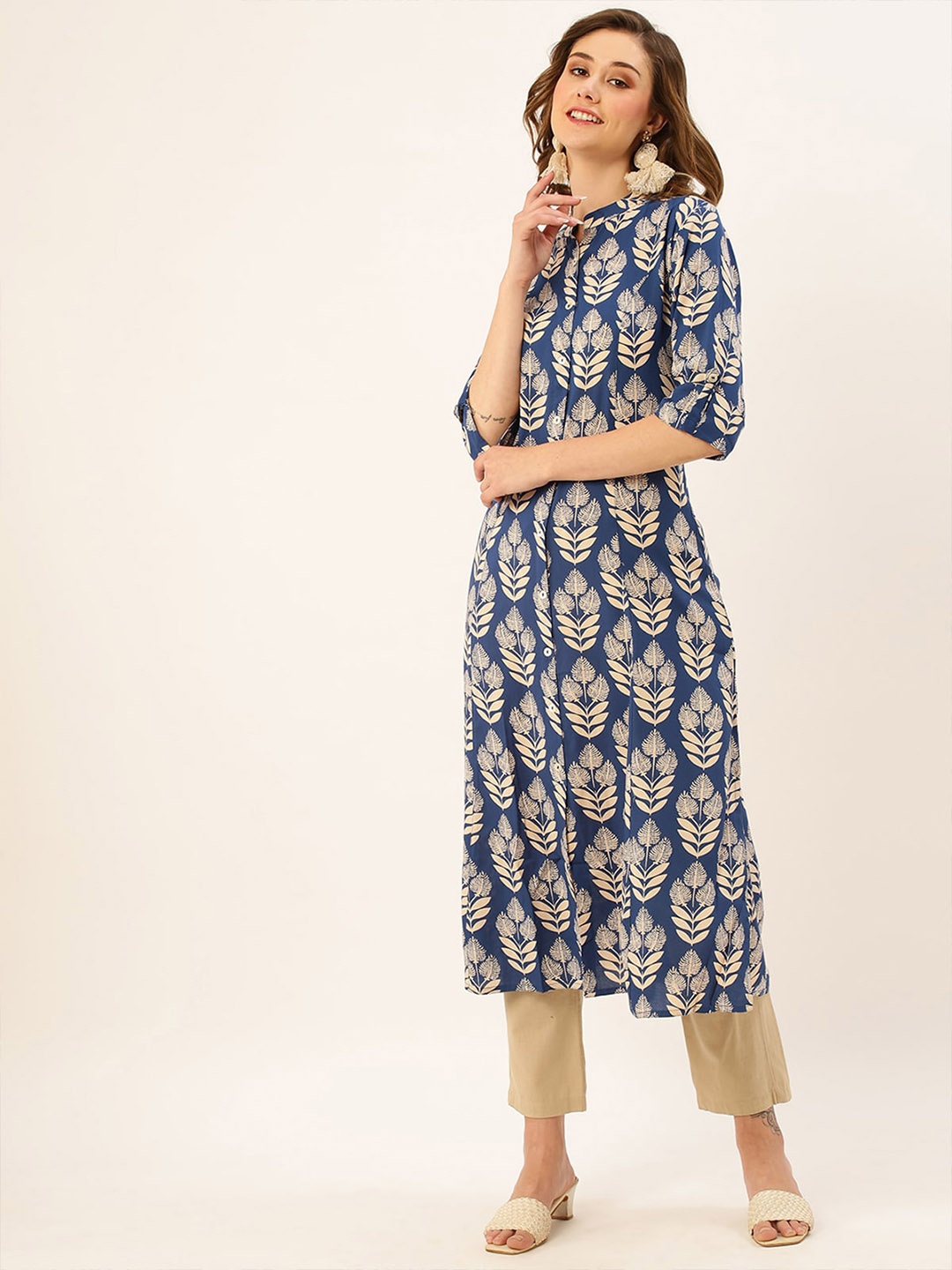 

ODETTE Ethnic Motifs Printed Mandarin Collar A-Line Kurta, Blue