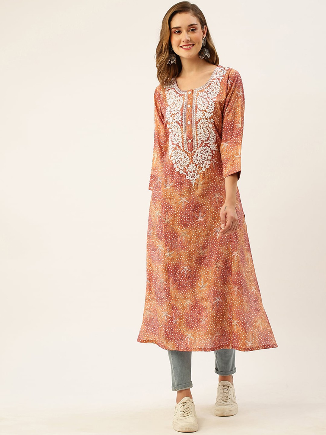 

ODETTE Ethnic Motifs Printed Thread Work Kurta, Brown