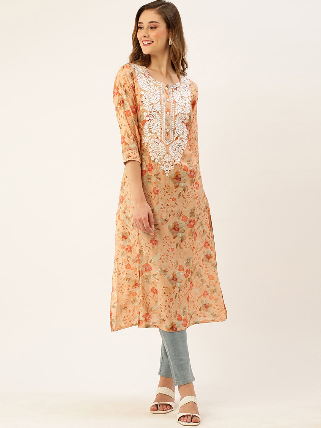 

ODETTE Floral Printed Thread Work Kurta, Peach