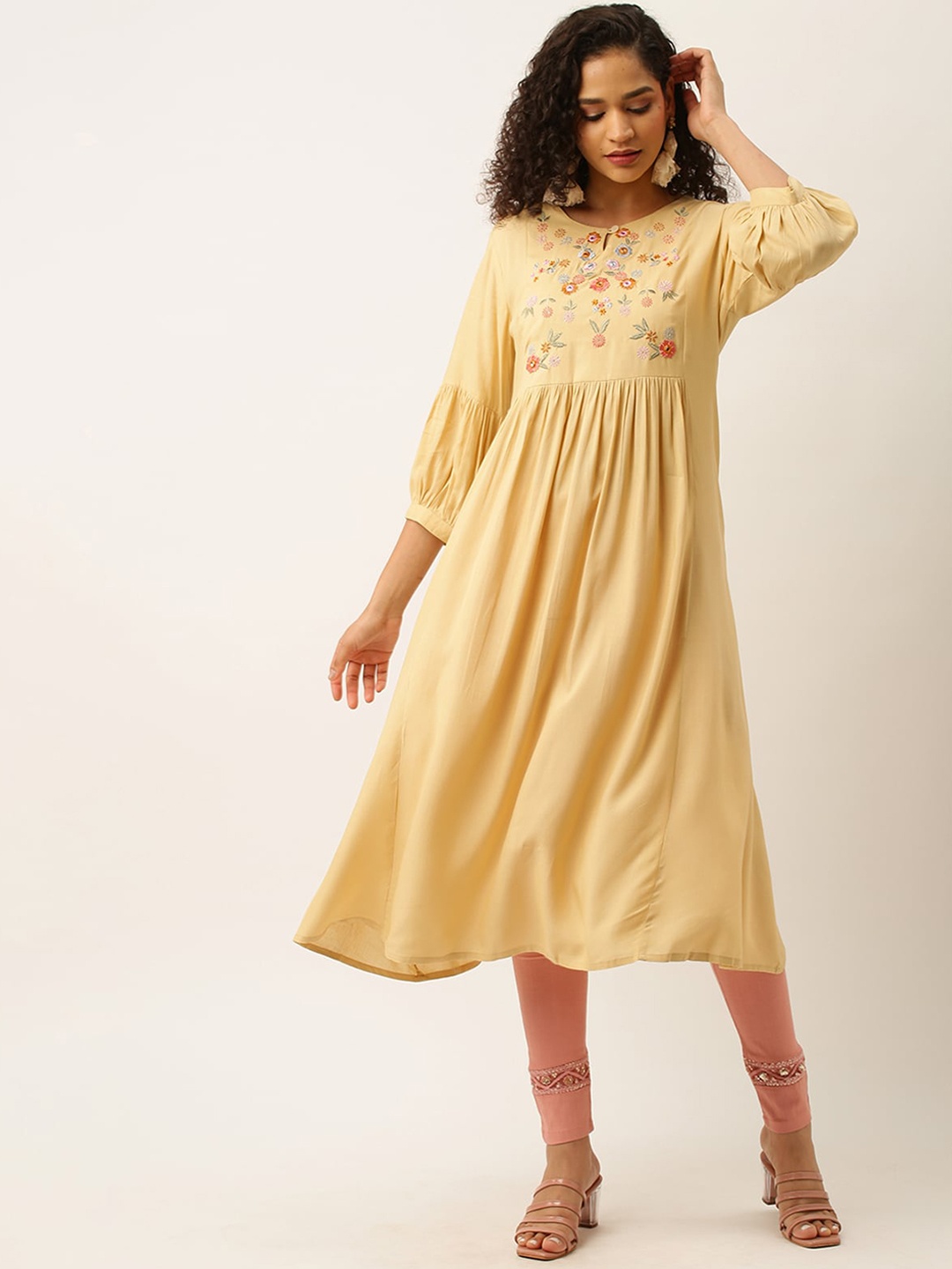 

ODETTE Floral Yoke Design Thread Work Anarkali Kurta, Beige