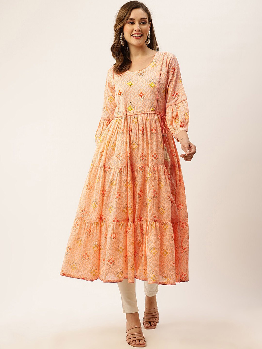 

ODETTE Ethnic Motifs Printed Thread Work Cotton Anarkali Kurta, Peach