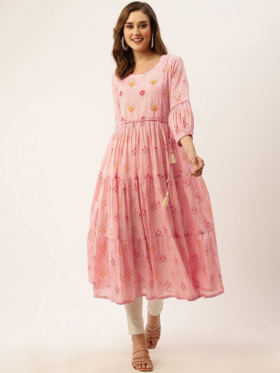 

ODETTE Ethnic Motifs Printed Thread Work Cotton Anarkali Kurta, Pink