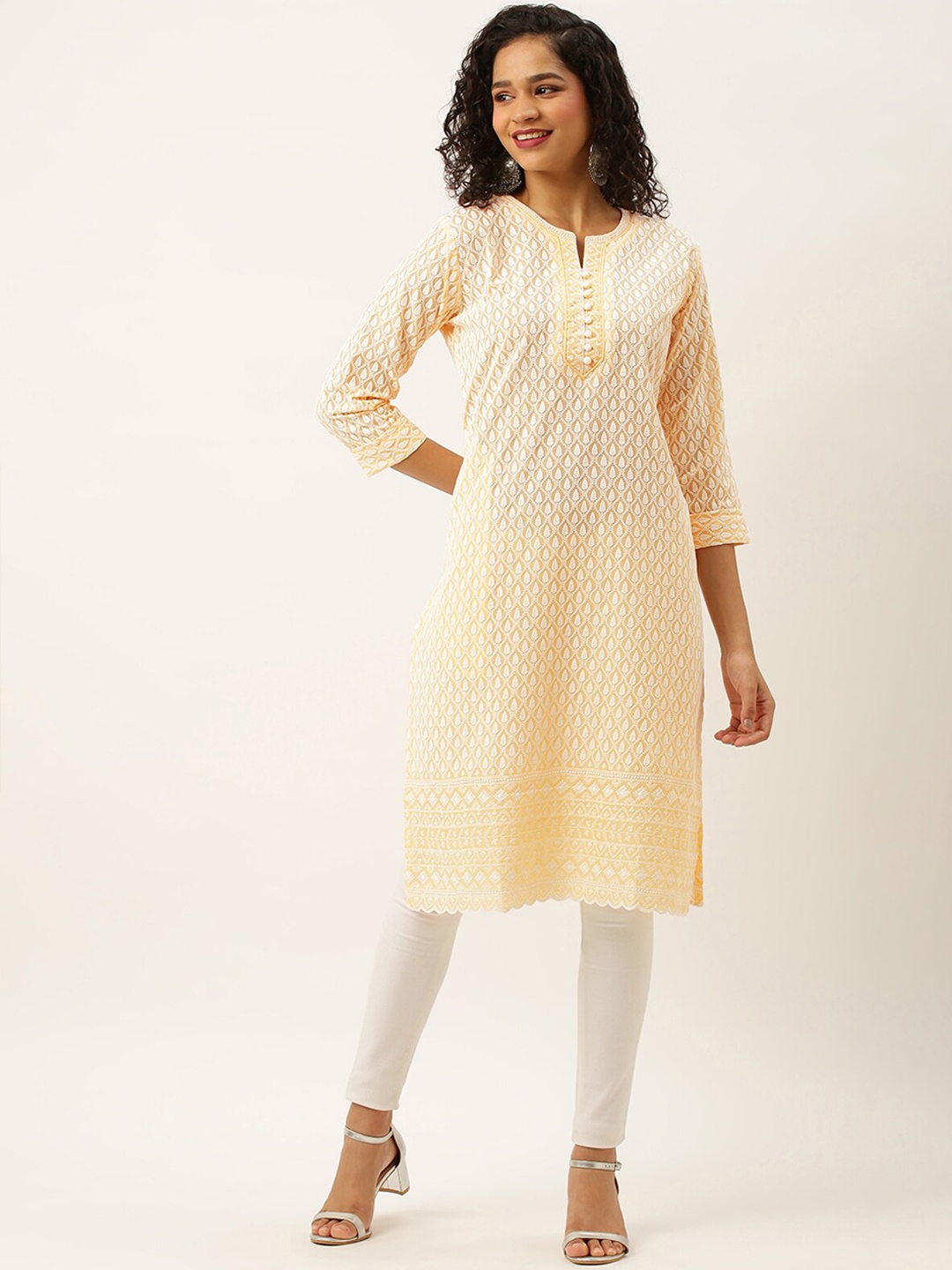 

ODETTE Geometric Embroidered Straight Kurta, Yellow