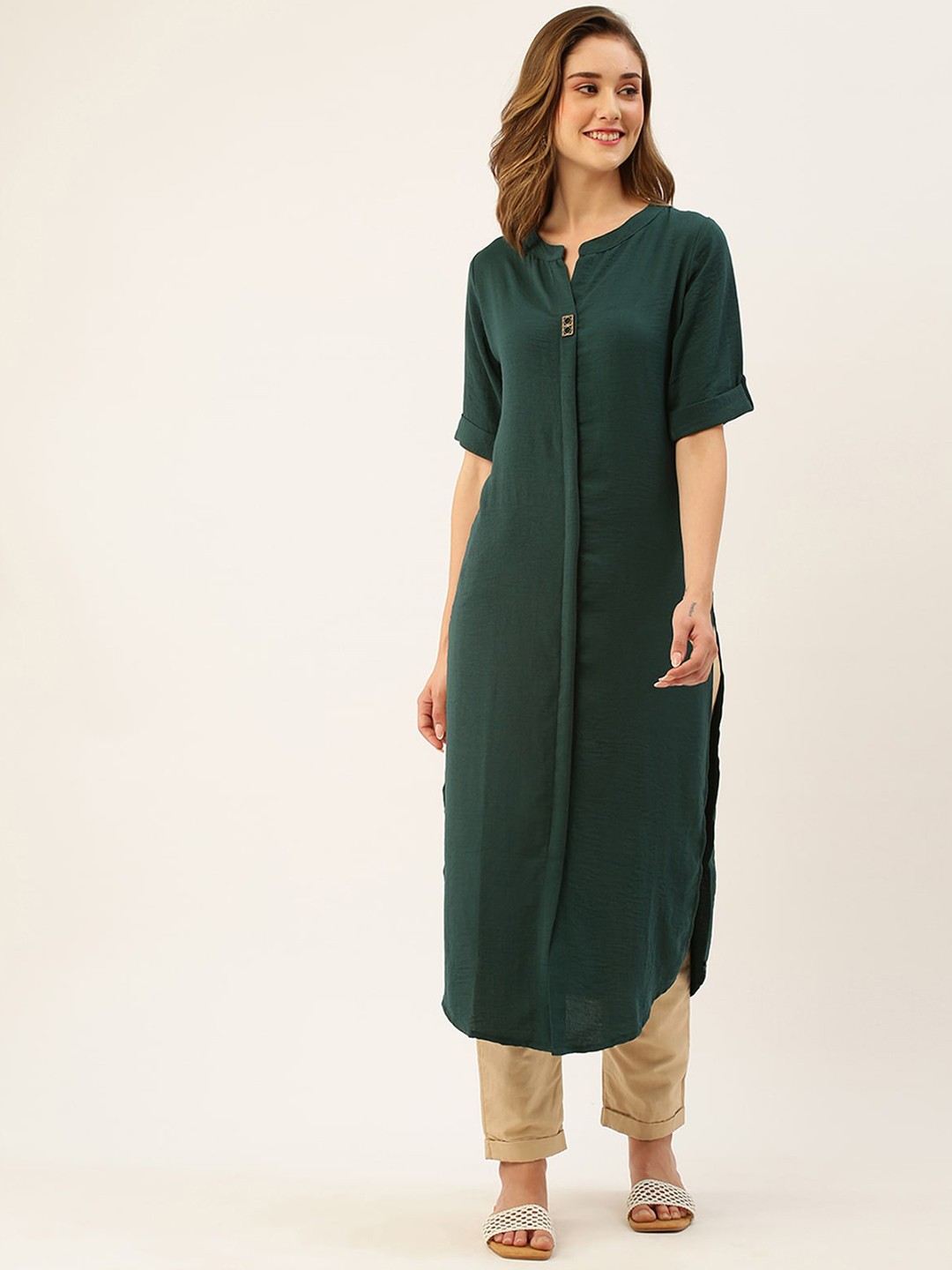 

ODETTE Mandarin Collar Straight Kurta, Green