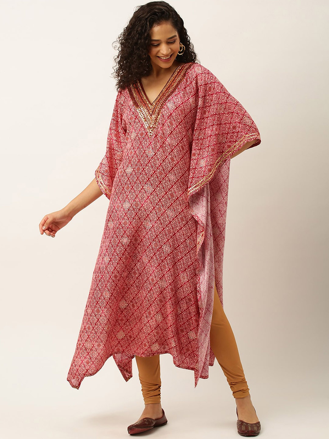 

ODETTE Ethnic Motifs Printed Flared Sleeves Sequinned Oversized Kaftan Kurta, Red