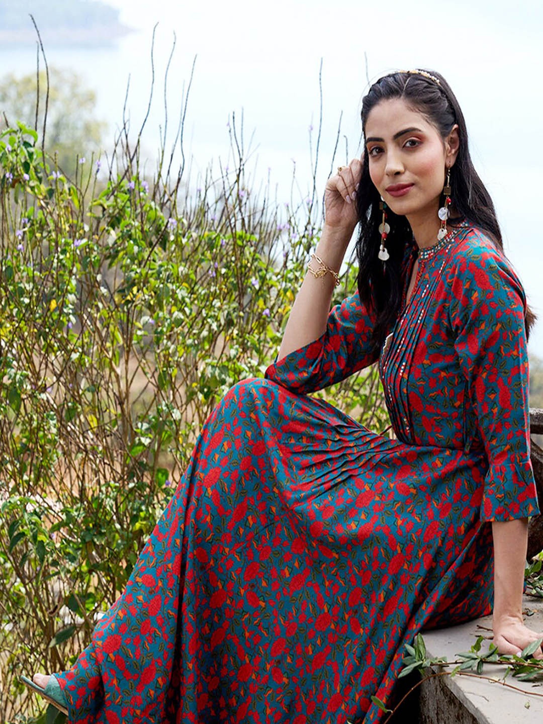 

ODETTE Printed Mandarin Collar Anarkali Kurta, Blue
