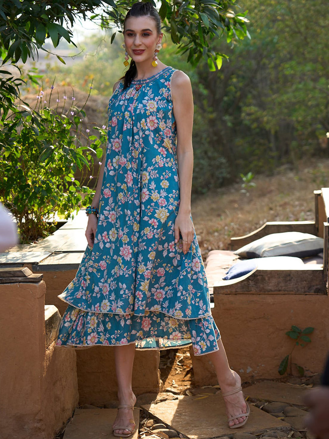 

ODETTE Floral Printed Boat Neck Layered Cotton A-Line Dress, Blue