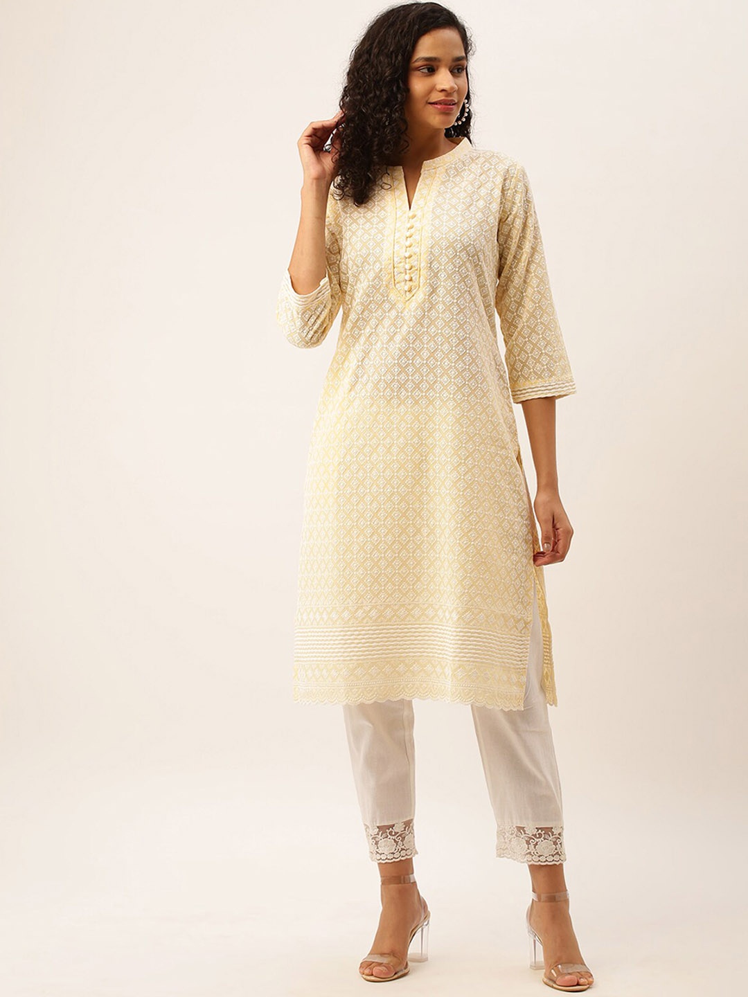 

ODETTE Ethnic Motifs Embroidered Straight Cotton Kurta, Yellow
