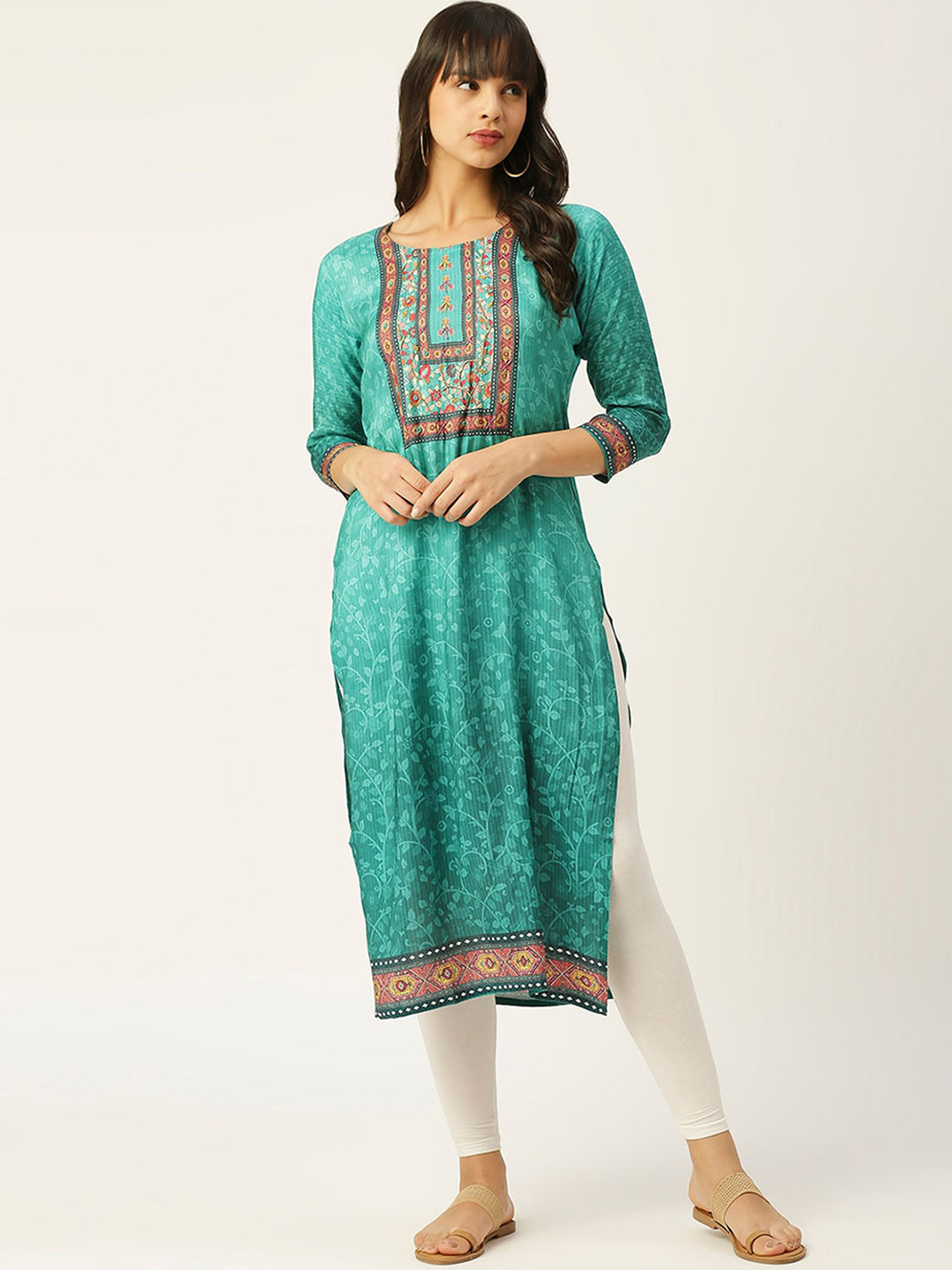 

ODETTE Floral Printed Straight Kurta, Blue
