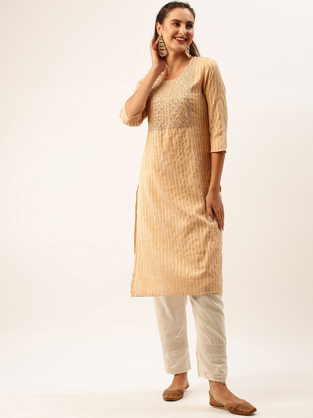 

ODETTE Woven Design Sequinned Detail Cotton Straight Kurta, Cream