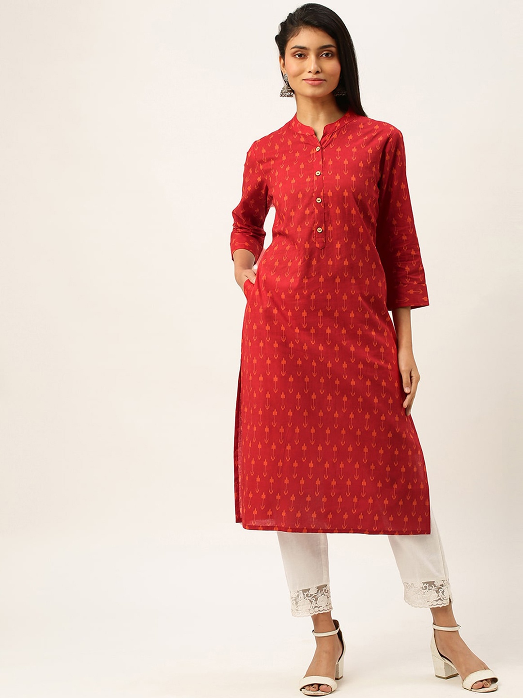 

ODETTE Ethnic Motifs Printed Straight Cotton Kurta, Red