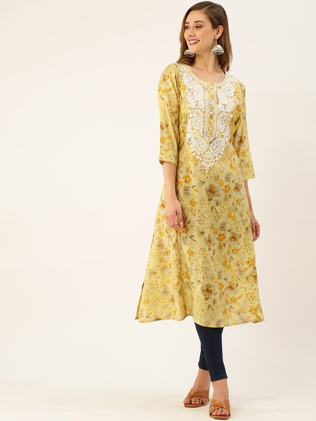

ODETTE Floral Printed Thread Work A-Line Kurta, Yellow