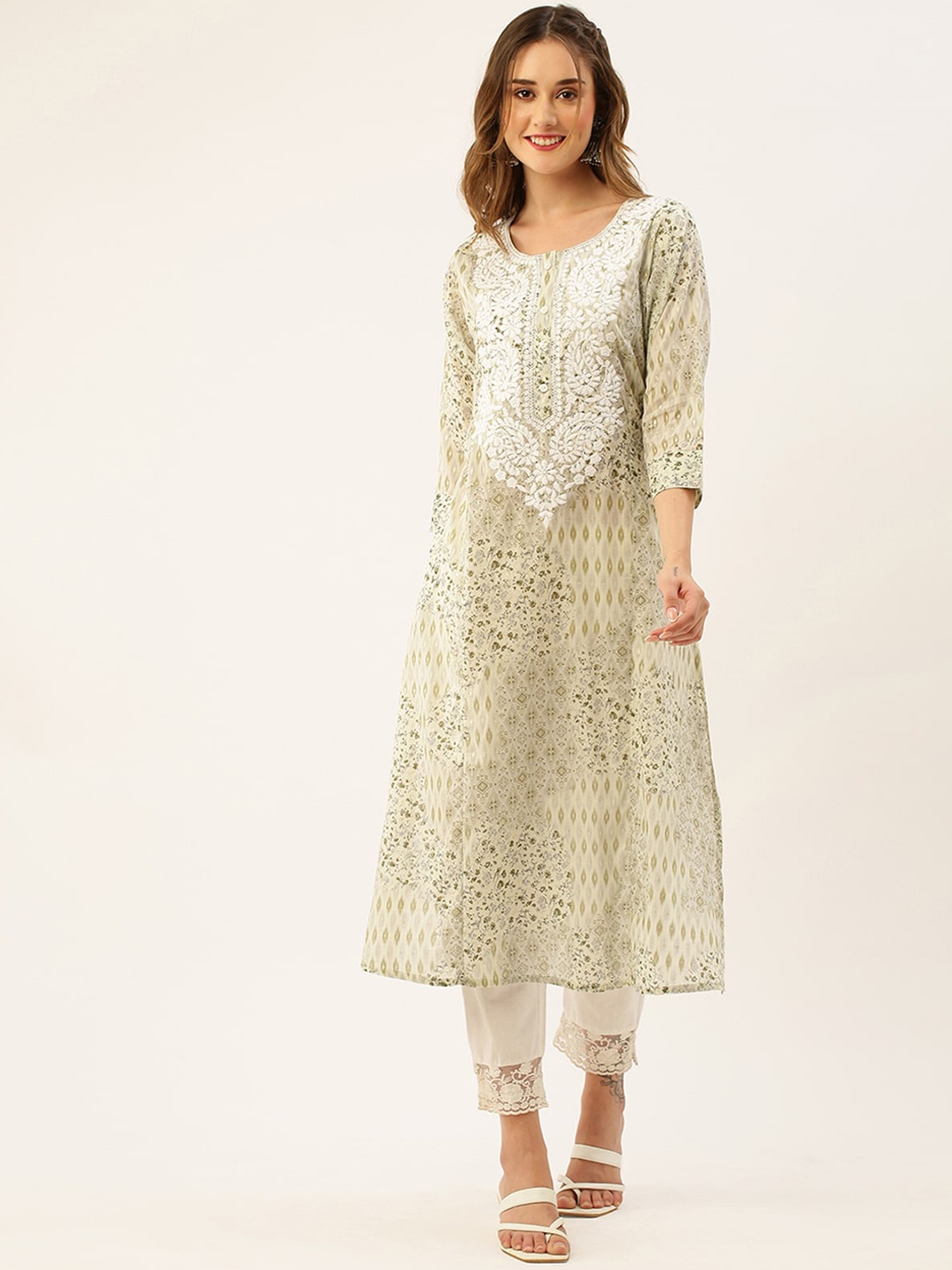 

ODETTE Embroidered Printed Cotton Straight Kurta, Beige