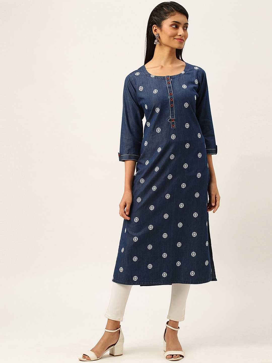 

ODETTE Ethnic Motifs Embroidered Straight Denim Kurta, Blue