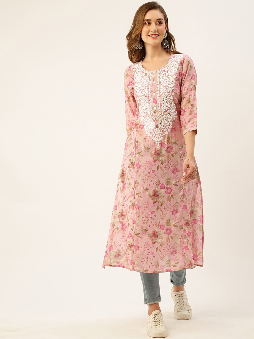 

ODETTE Floral Printed Thread Work Kurta, Pink