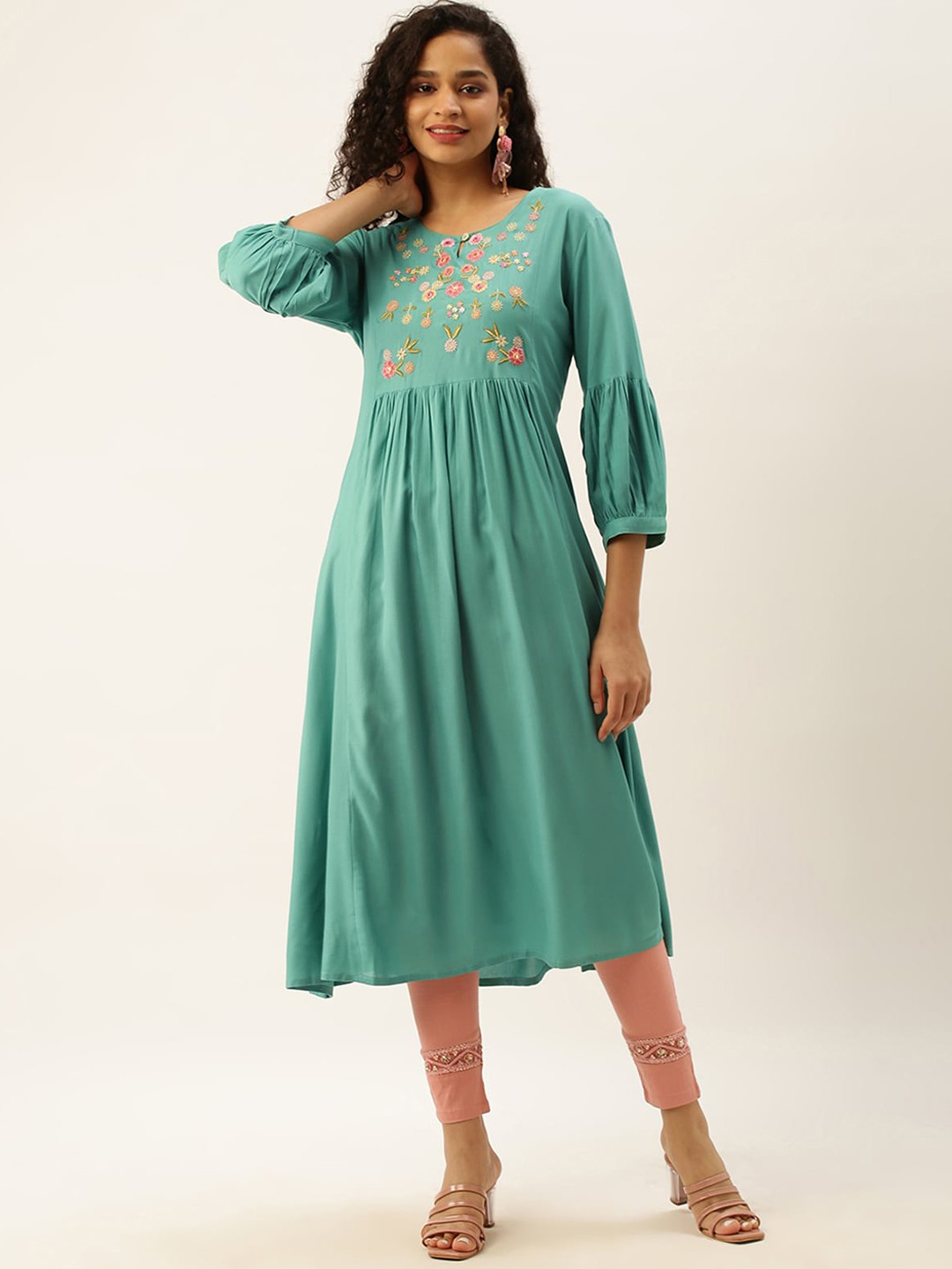 

ODETTE Floral Embroidered Keyhole Neck Mirror Work Anarkali Kurta, Sea green