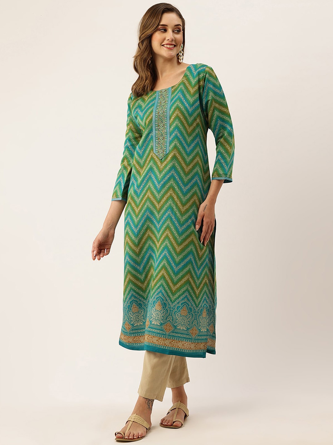 

ODETTE Ethnic Motifs Printed Straight Kurta, Green