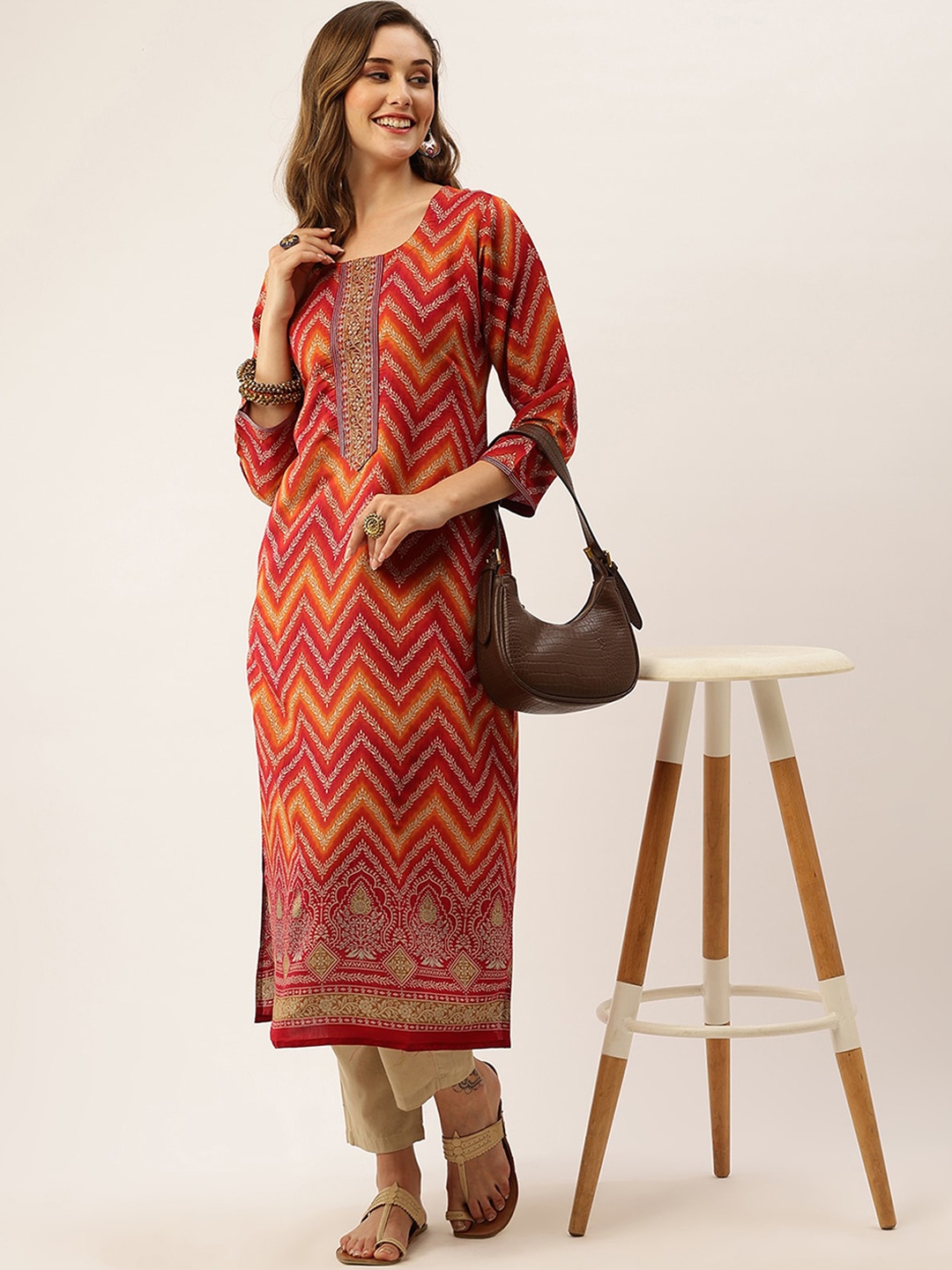 

ODETTE Chevron Printed Thread Work Kurta, Maroon