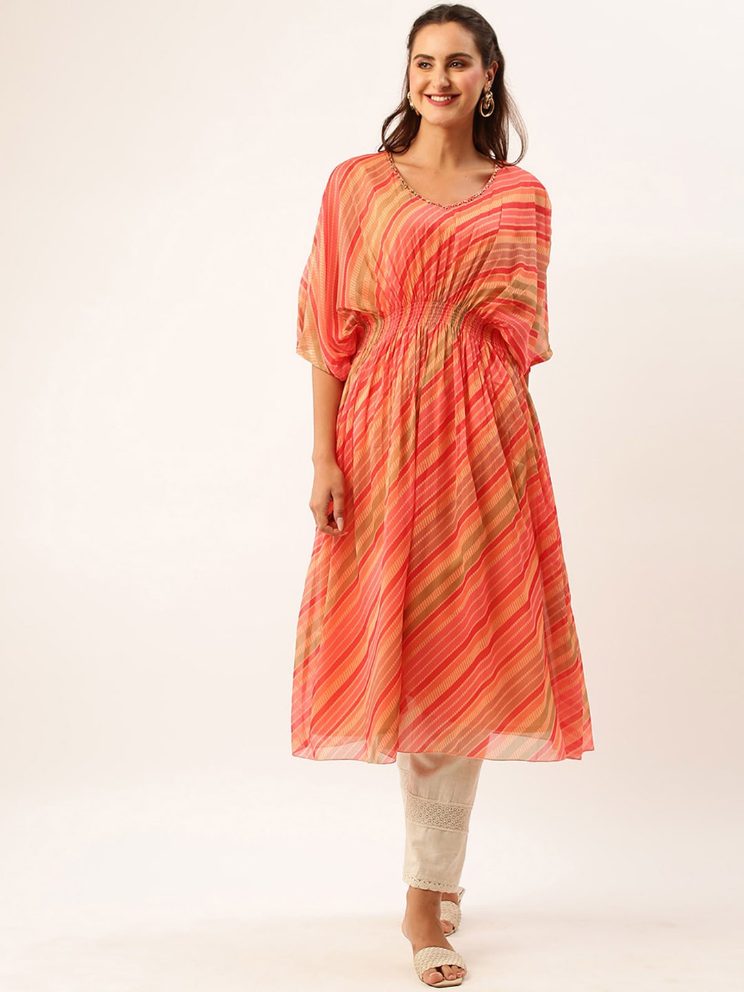 

ODETTE Leheriya Printed Flared Sleeves A-line Kurta, Orange