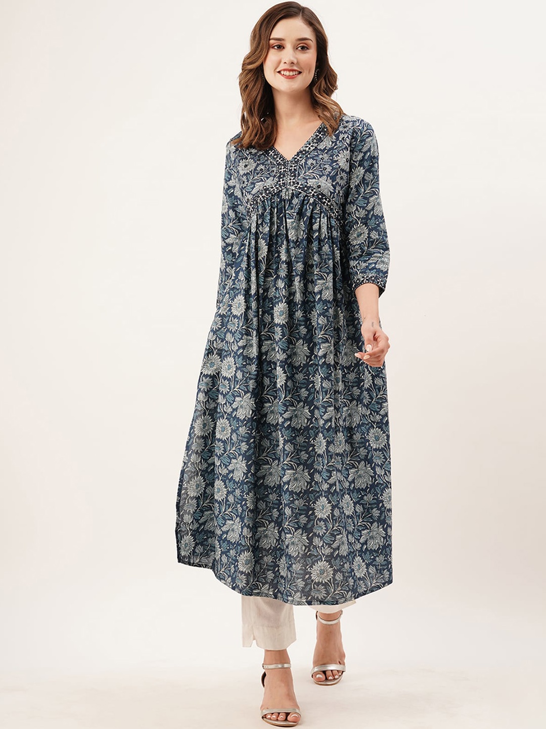 

ODETTE Floral Printed Thread Work Cotton A-Line Kurta, Blue