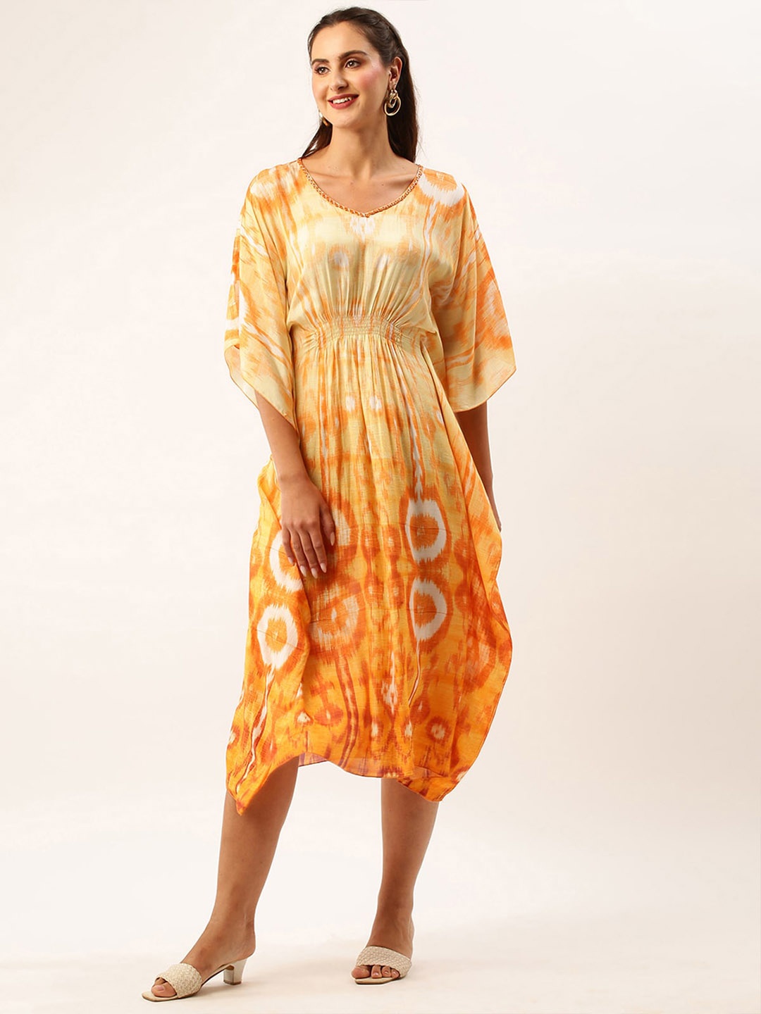 

ODETTE Tie & Dyed Asymmetric Hem Chiffon Kaftan Dress, Yellow