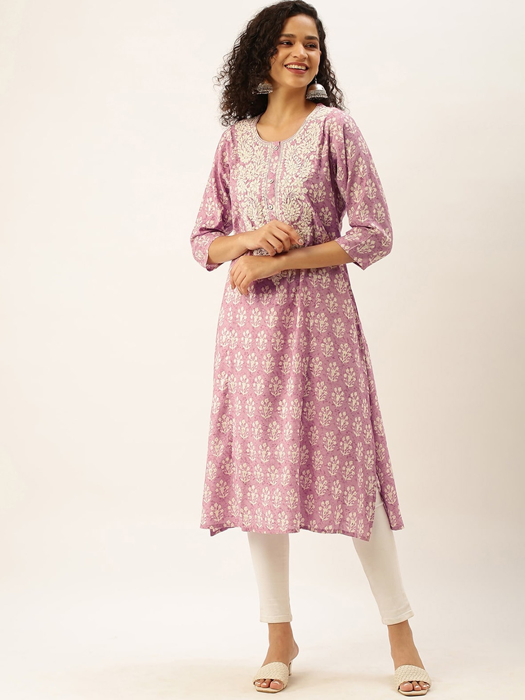 

ODETTE Ethnic Motif Printed Thread Work Straight Kurta, Pink