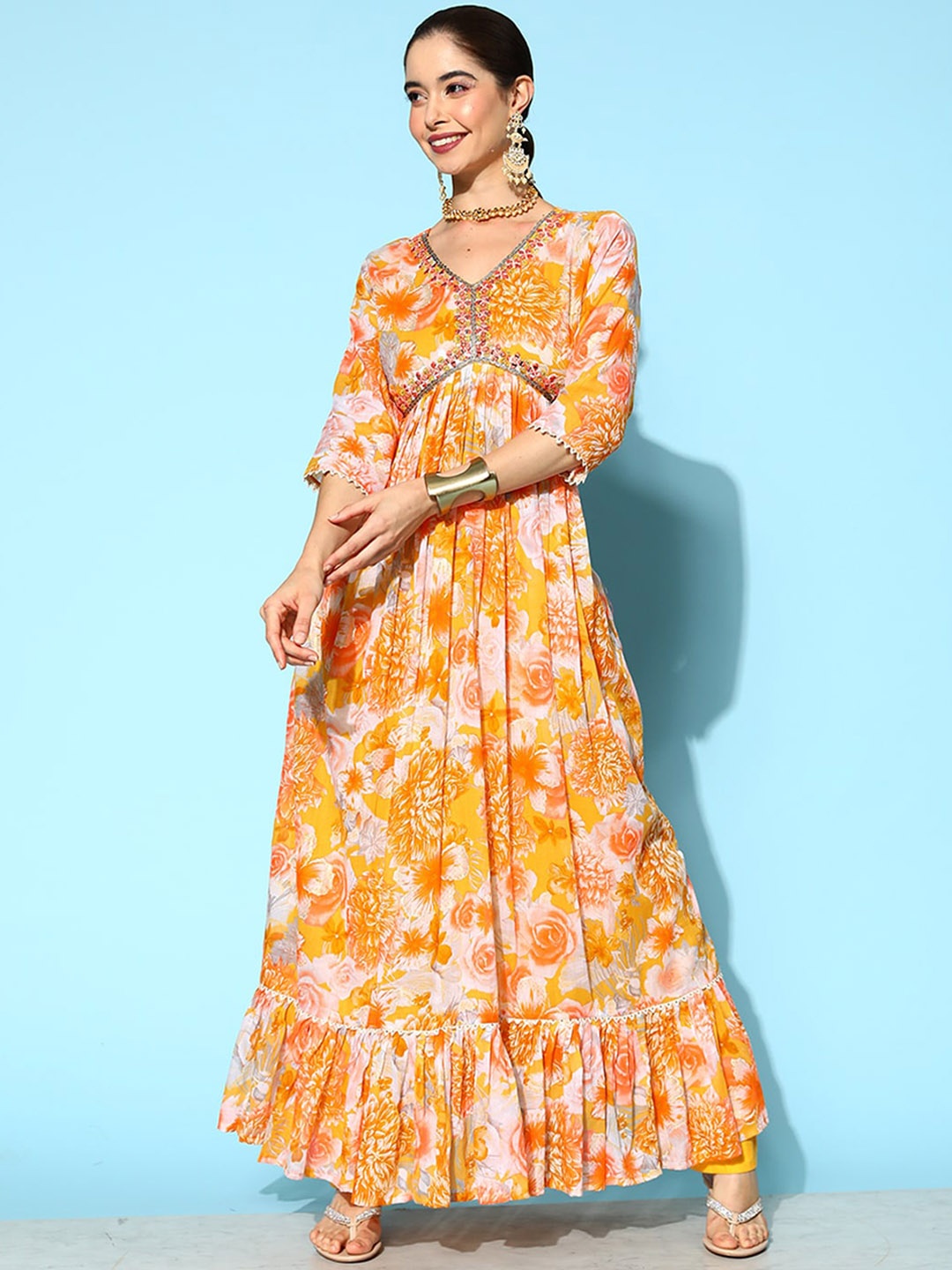 

ODETTE Floral Printed V-Neck Thread Work Anarkali Kurta, Mustard