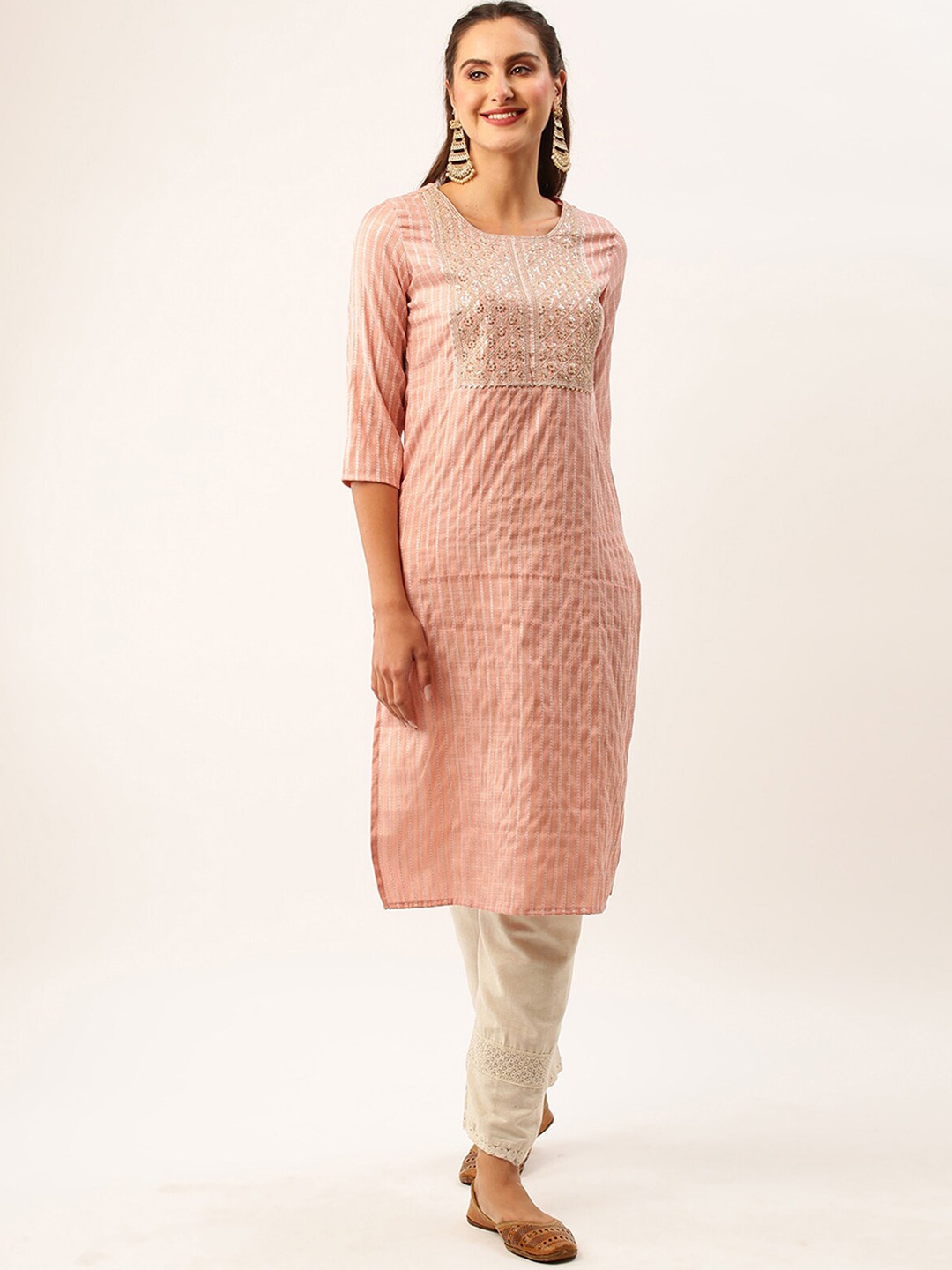 

ODETTE Striped Sequinned Straight Kurta, Peach