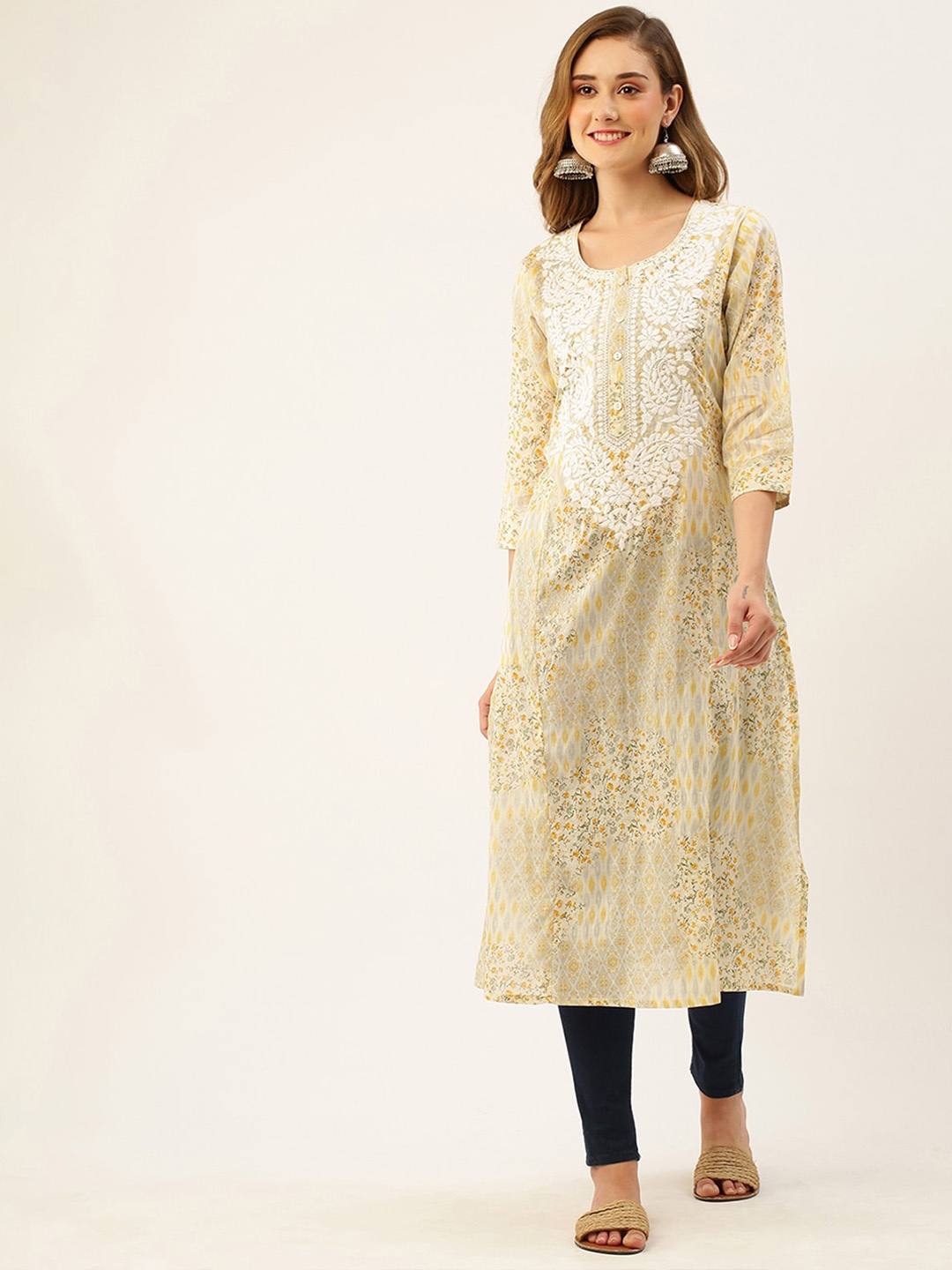 

ODETTE Embroidered Chikankari Kurta, Mustard