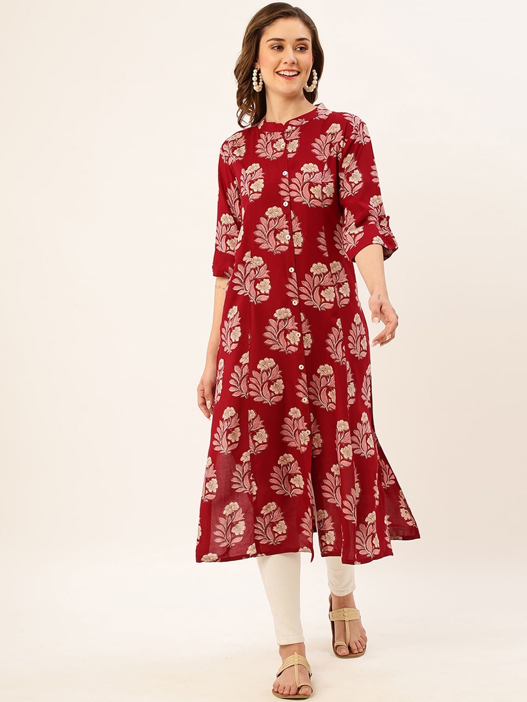 

ODETTE Floral Dyed Keyhole Neck Flared Sleeves Anarkali Kurta, Red