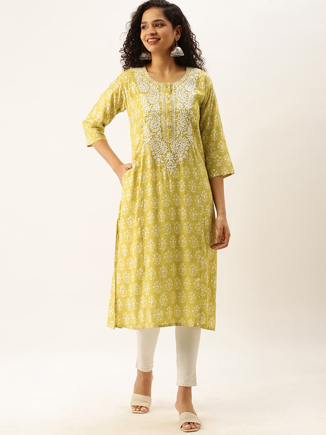 

ODETTE Floral Chikankari Kurta, Yellow