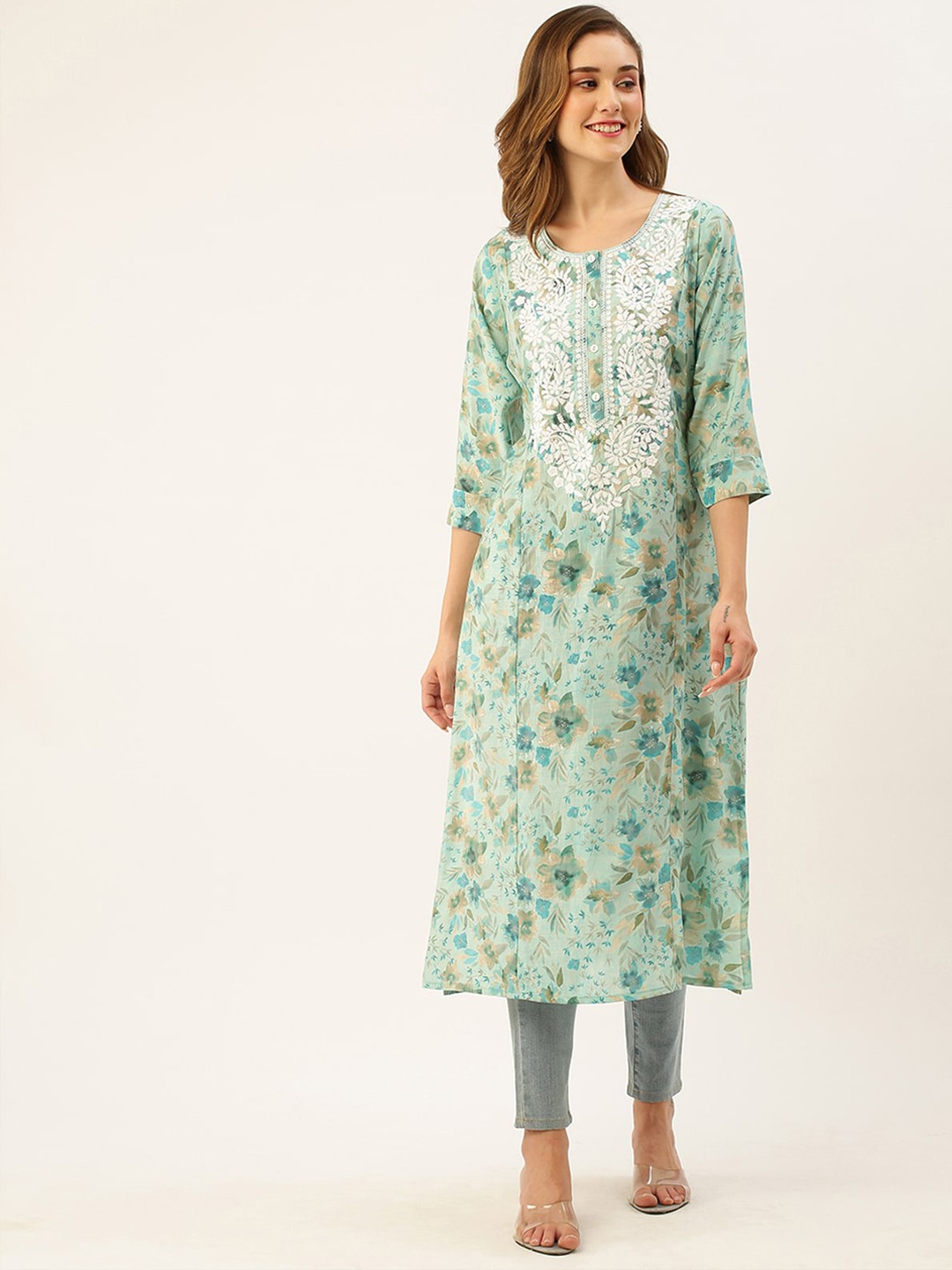 

ODETTE Floral Printed Thread Work Straight Kurta, Blue