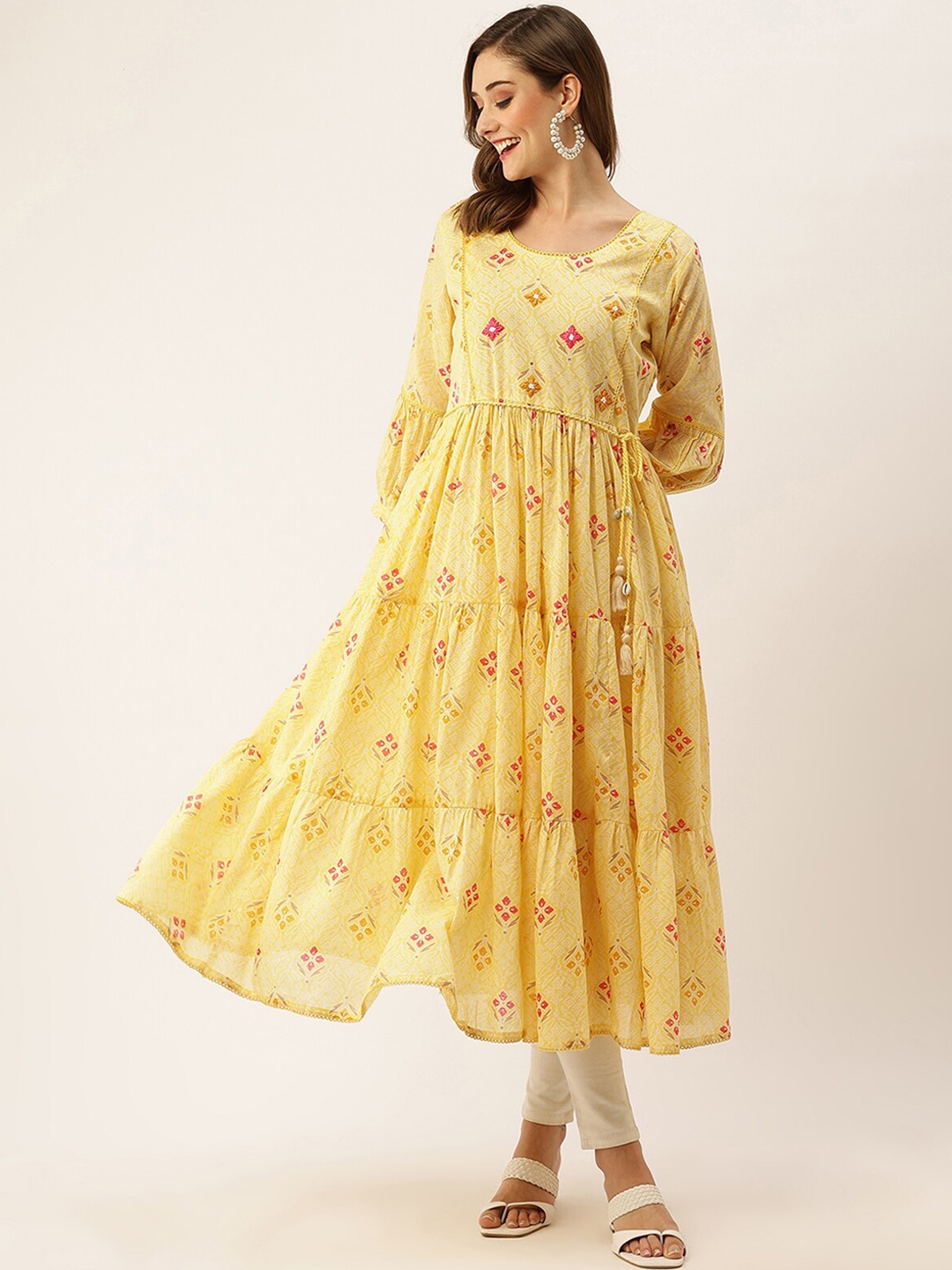

ODETTE Floral Dyed Flared Sleeves Thread Work Anarkali Kurta, Yellow