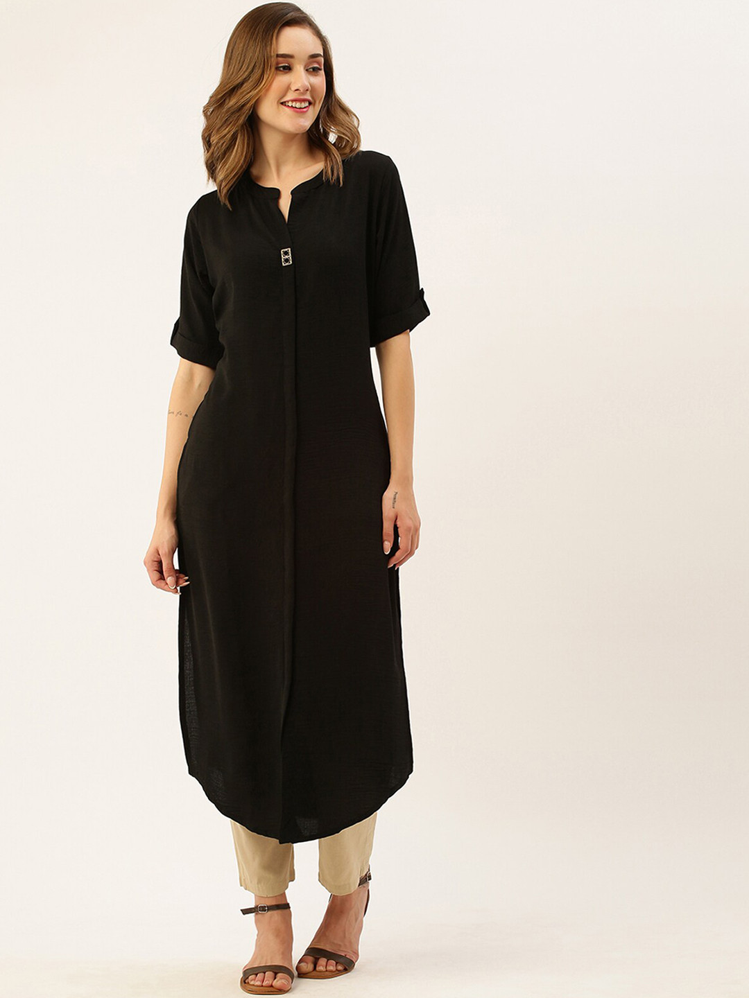 

ODETTE Mandarin Collar Pathani Kurta, Black