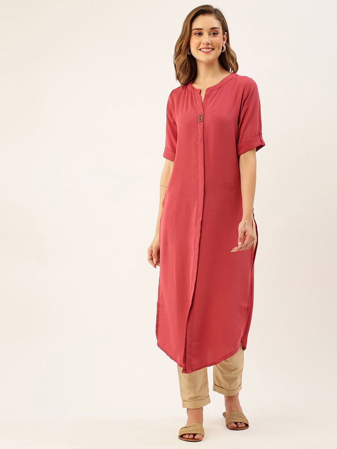 

ODETTE Mandarin Collar Pathani Kurta, Peach