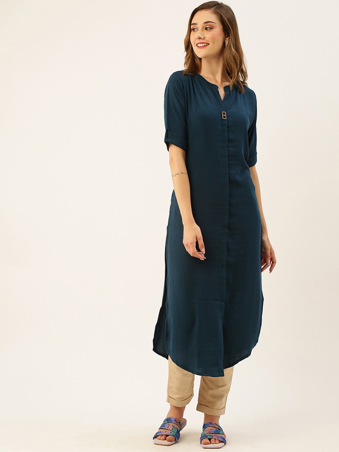 

ODETTE Roll-Up Sleeves Mandarin Collar Kurta, Teal