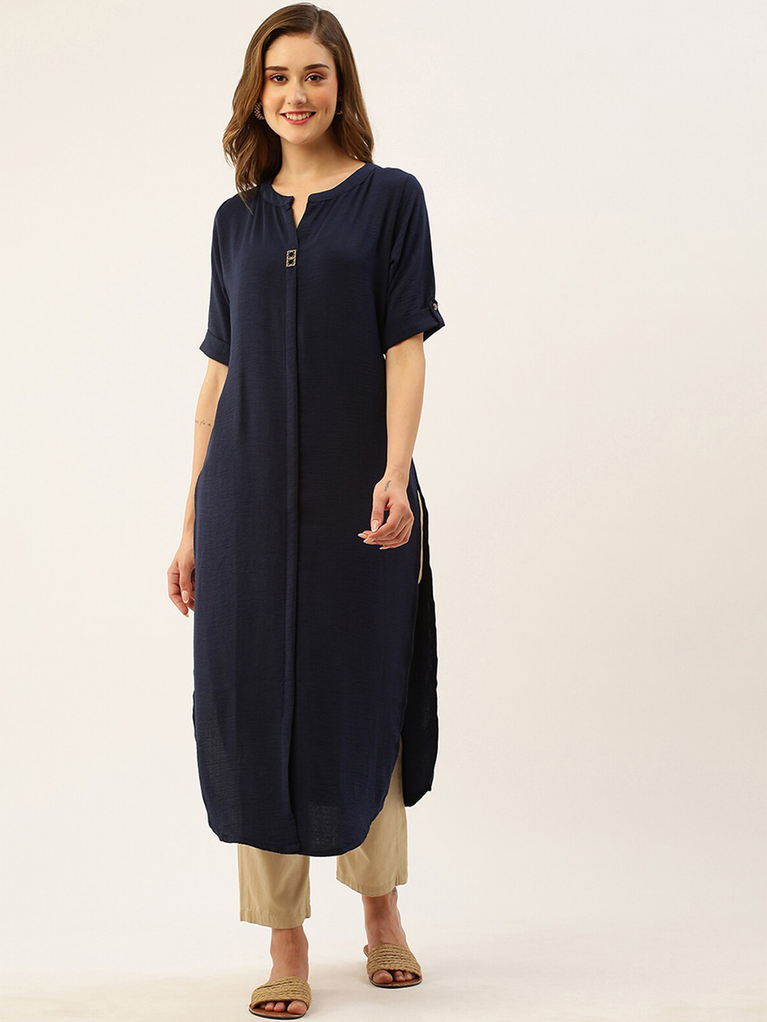 

ODETTE Mandarin Collar Pathani Kurta, Navy blue
