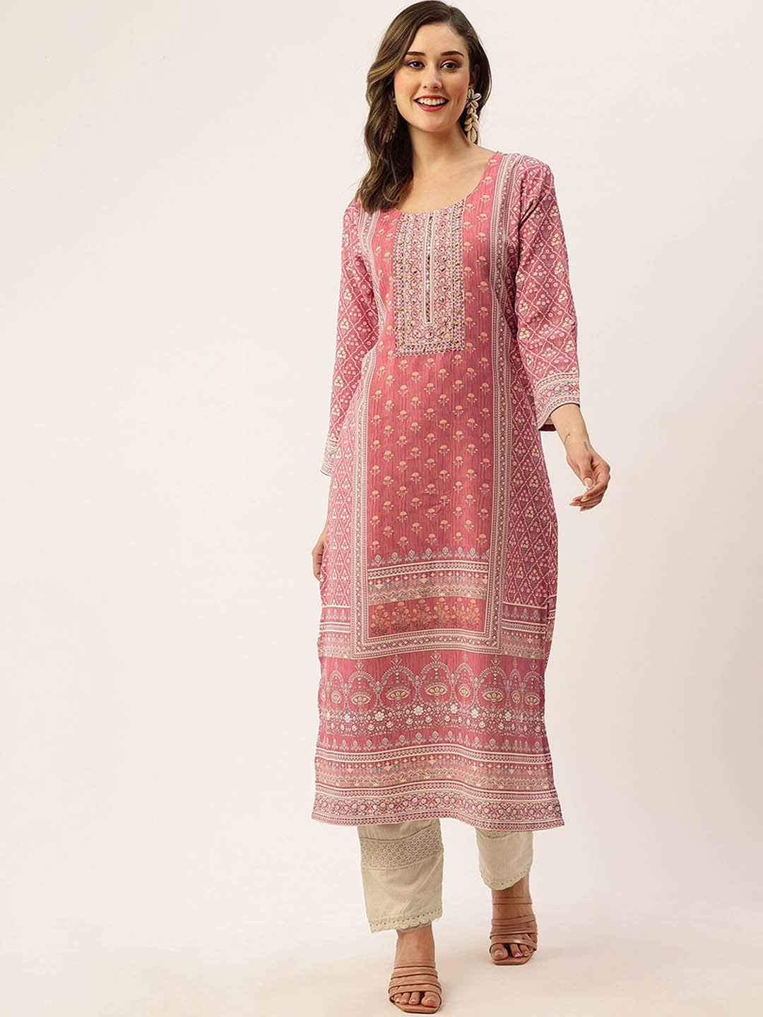 

ODETTE Ethnic Motifs Printed Sequinned Kurta, Pink