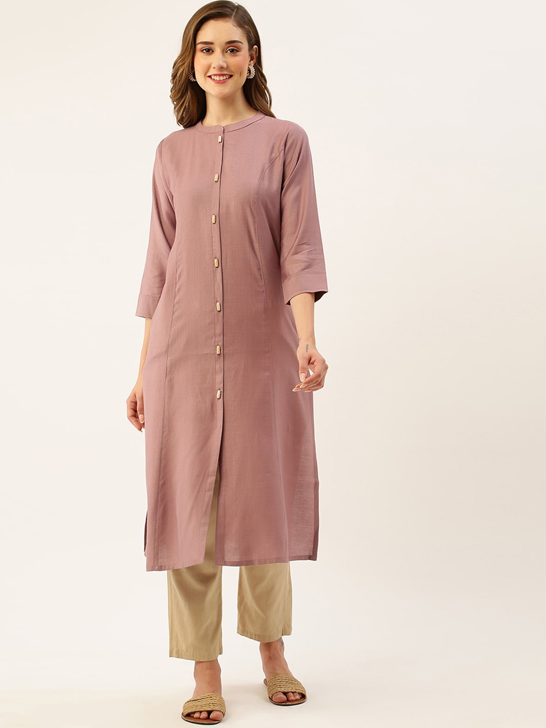 

ODETTE Mandarin Collar Straight Kurta, Pink