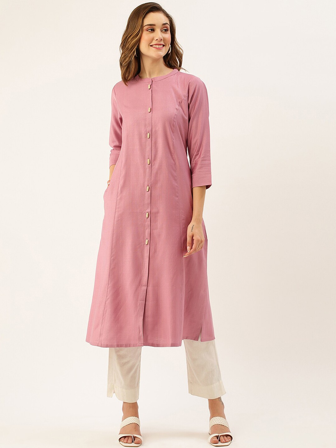 

ODETTE Mandarin Collar A-Line Kurta, Pink