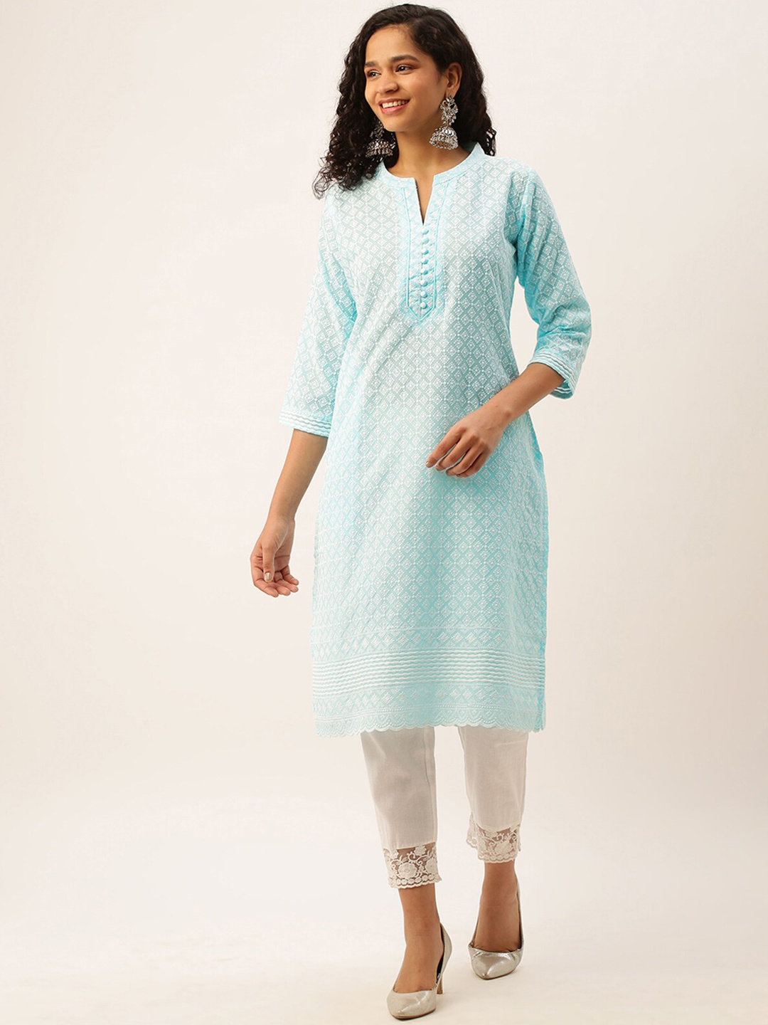 

ODETTE Ethnic Motifs Embroidered Thread Work Coton Kurta, Blue