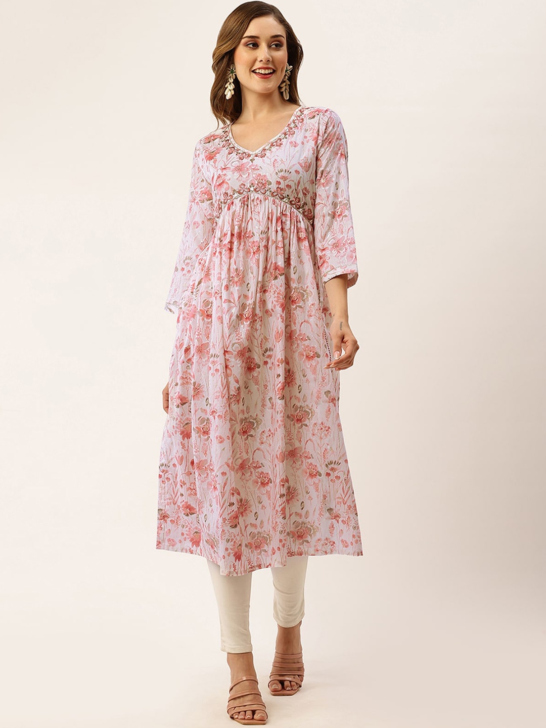 

ODETTE Floral Printed Thread Work Kurta, Pink