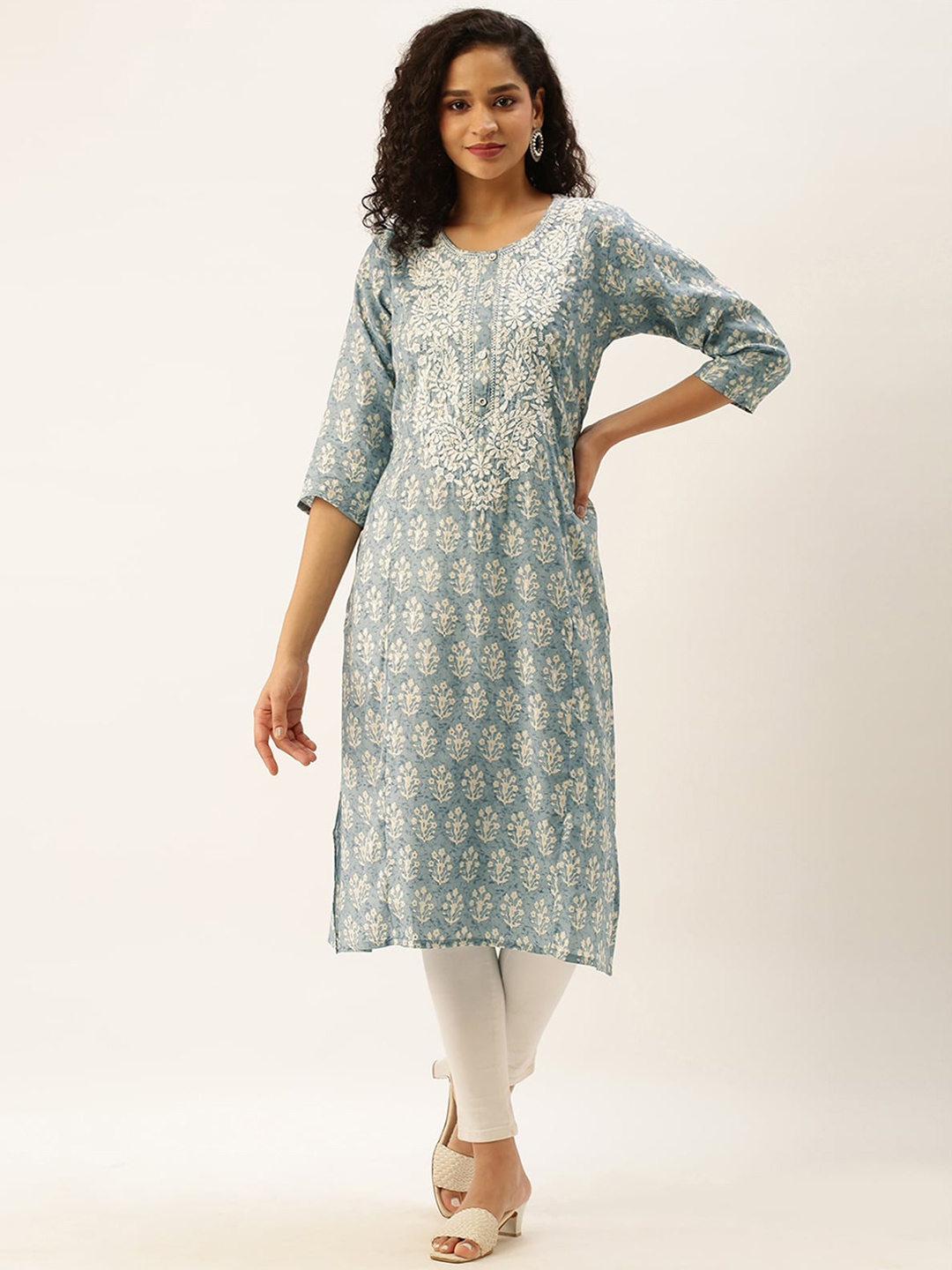 

ODETTE Ethnic Motifs Printed Chikankari Kurta, Blue