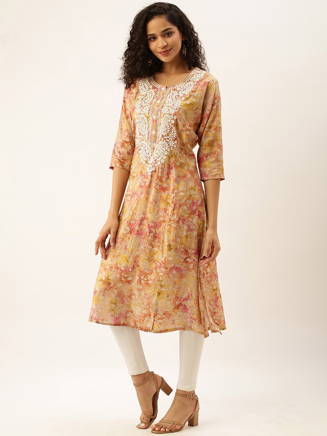 

ODETTE Floral Printed Thread Work Straight Kurta, Mustard