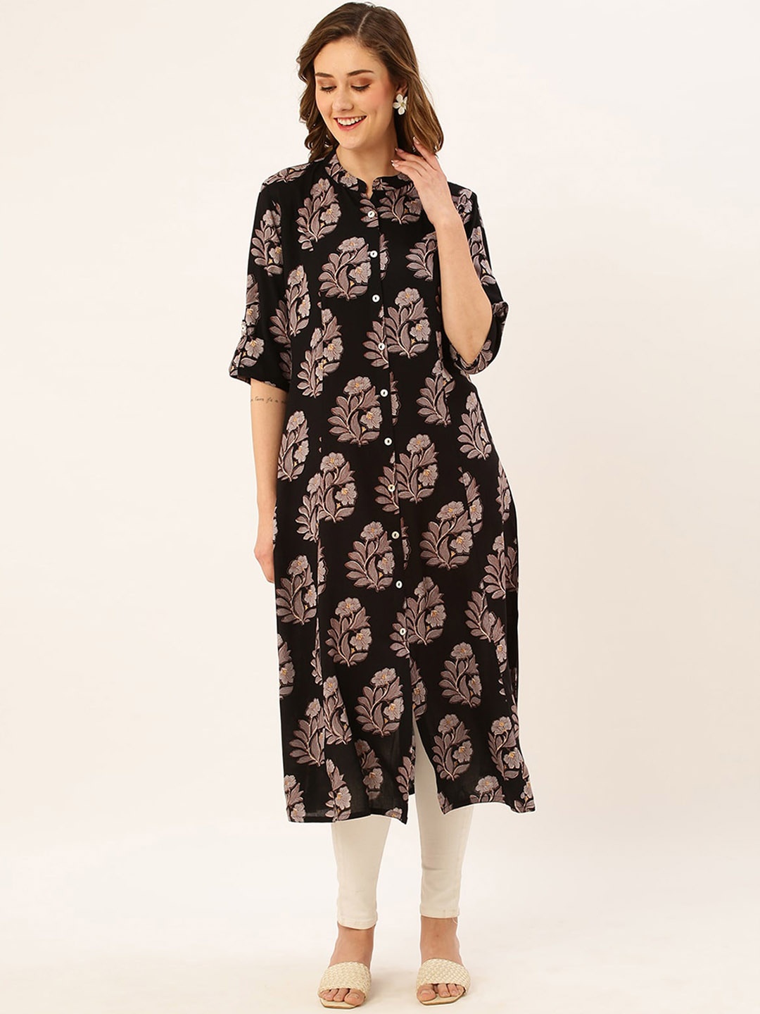 

ODETTE Floral Printed Mandarin Collar A-Line Kurta, Black